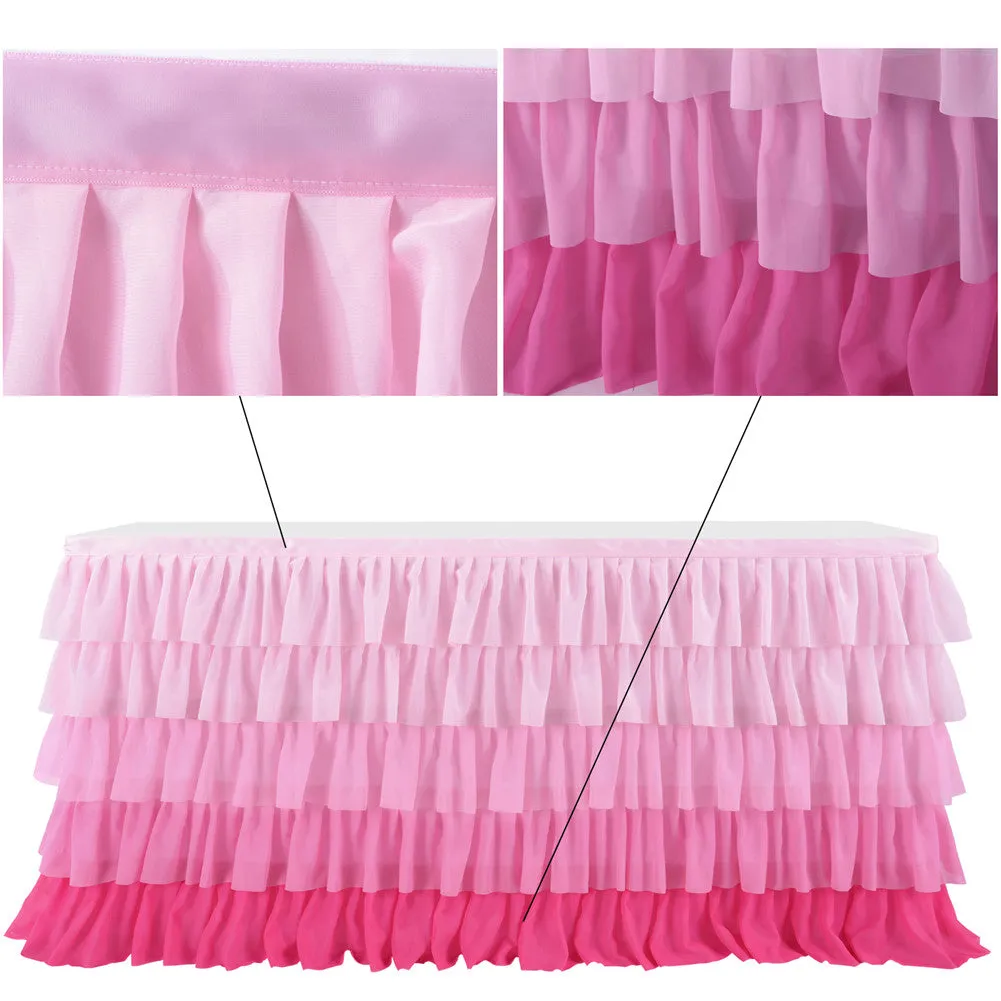 RONSHIN 5 Layers 6FT Gradient Pink Chiffon Wave Table Skirt for Wedding Party Supplies