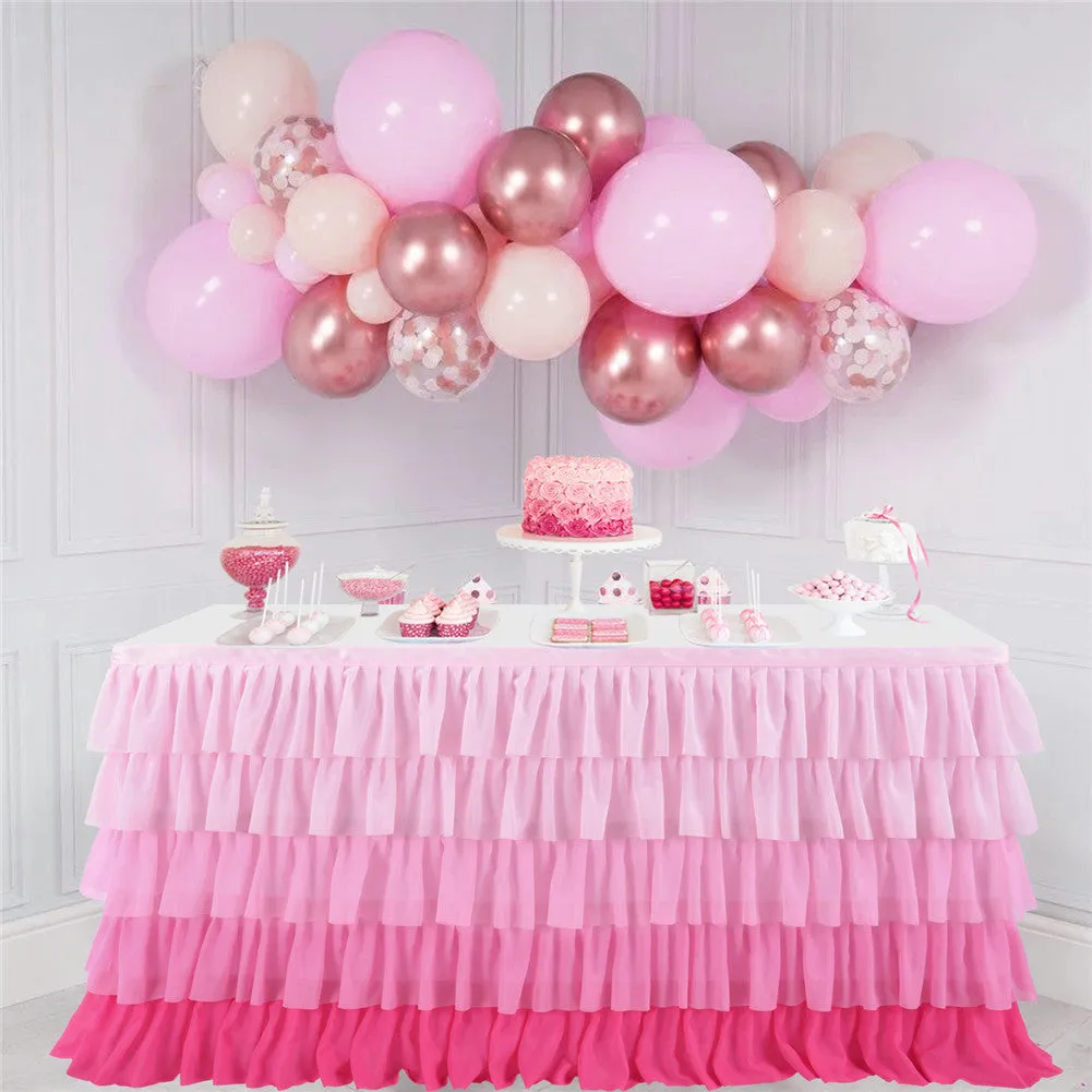 RONSHIN 5 Layers 6FT Gradient Pink Chiffon Wave Table Skirt for Wedding Party Supplies