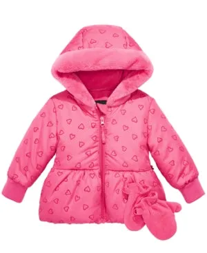 S Rothschild & Co Baby Girls Quilted-Heart Hooded Jacket & Mittens