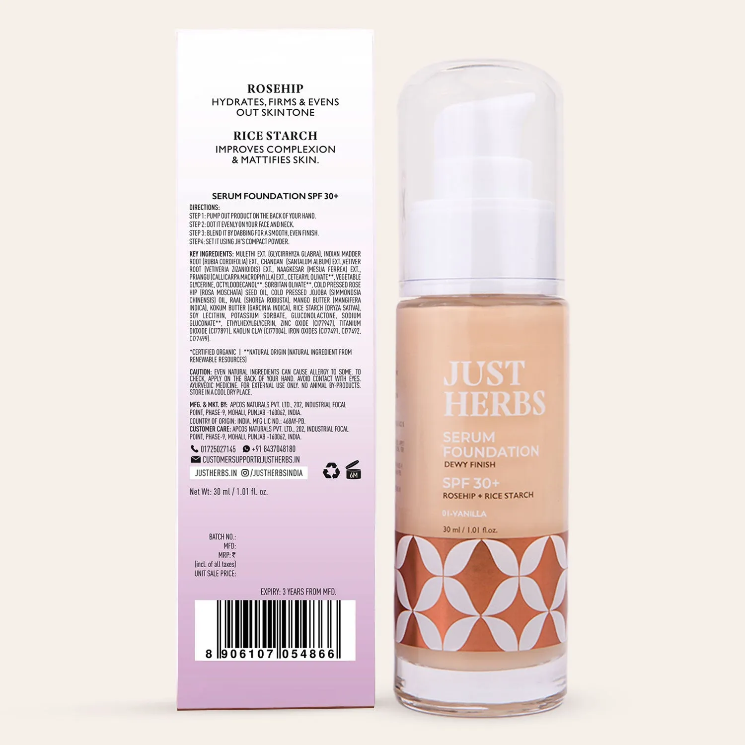 Serum Foundation Dewy Finish SPF 30  with Rosehip and Rice Starch - Almond